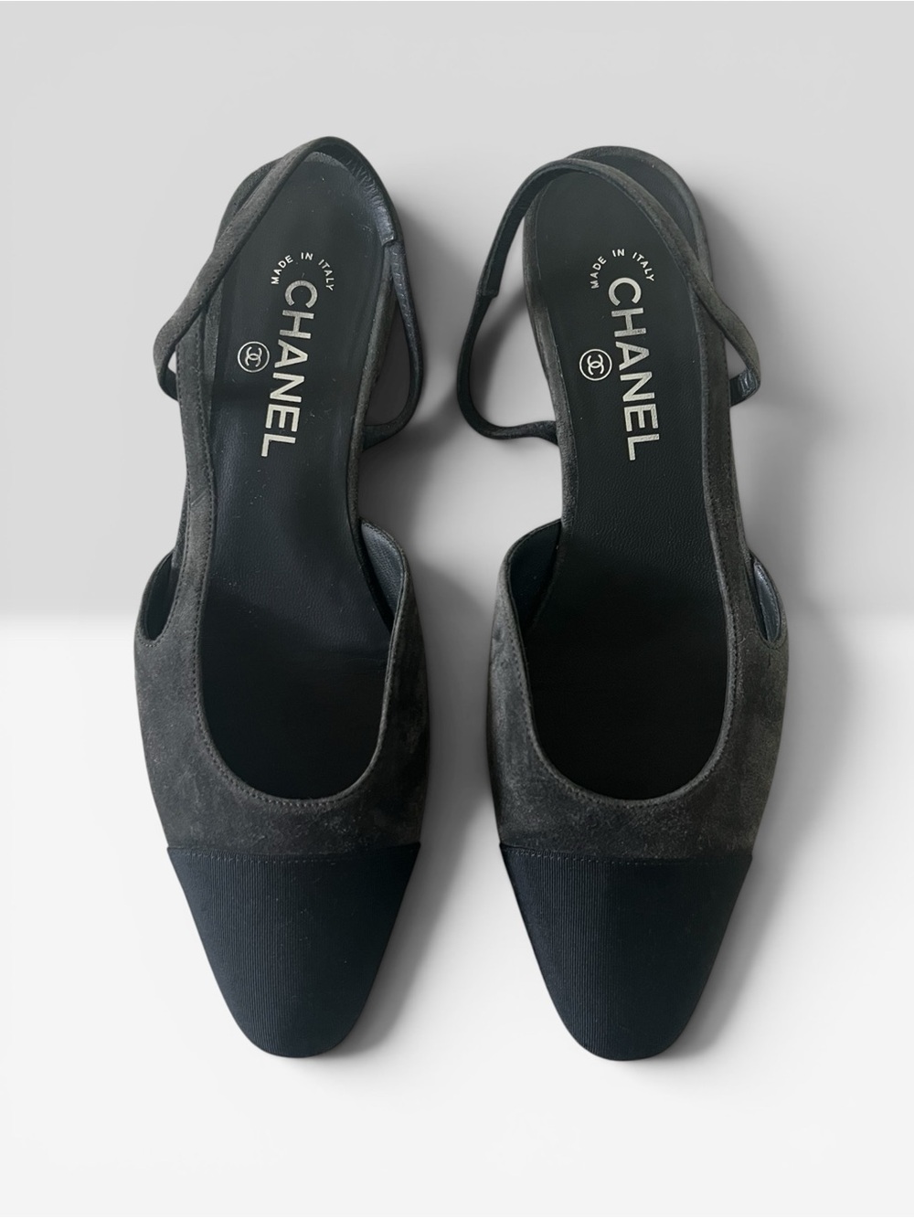 CHANEL Gray Suede and Black Grosgrain Slingback Flats (Women’s Size 39 1/2)